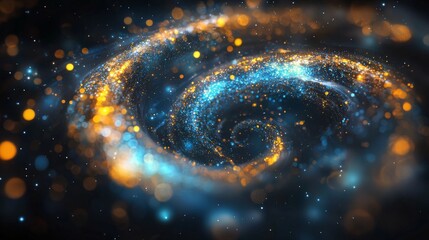 Poster - abstract swirling cosmic nebula blue and gold glitter particles space background