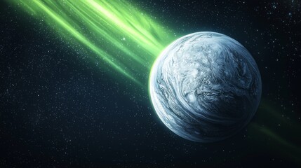 Wall Mural - exoplanet orbiting star cosmic scene nebula green light rays space background science fiction
