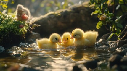 Sticker - Three Yellow Ducklings Swimming in a Forest Stream