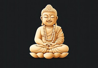 Wall Mural - the Buddha with his hand in focus, sitting cross-legged on a lotus flower and holding beads, against a simple black background