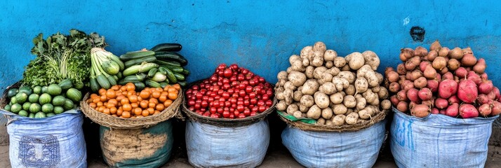 Poster - Colorful vegetable market display, vibrant blue wall background, healthy food sale