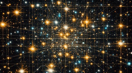 Sticker - abstract cosmic grid sparkling stars and interconnected golden lines digital art background