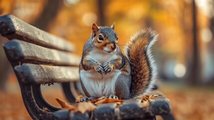 Sticker - A Squirrel Posing on a Bench in Autumn