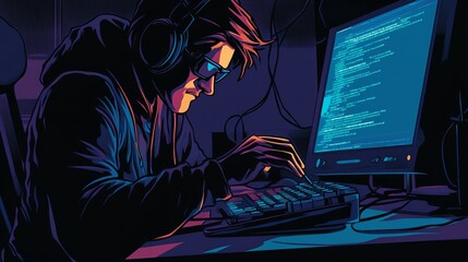 Young Programmer Engaged in Coding at Night With Headphones and a Glowing Computer Screen in a Dark Room