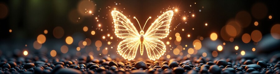 Wall Mural - A butterfly is lit up in the dark with a glowing body and wings