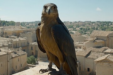 majestic bird of prey perched on a stone wall, overlooking a historic town.