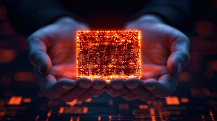Hands Holding Glowing Encrypted Data Cube Futuristic Digital Concept