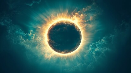 Wall Mural - dramatic celestial event glowing planet in dark nebula with radiant energy