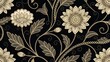 © Yellow Blossom - Black and Gold Floral Damask Seamless Pattern Elegant Vintage Design, Floral Wallpaper, Luxury Textile Damask,Vintage