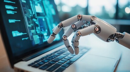 Robotic arm interacting with a laptop screen displaying digital code and data