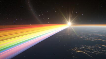 Wall Mural - celestial rainbow vibrant spectrum across earth from space sunrise