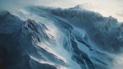 Wall Mural - a breathtaking aerial view of icy mountains and snow-covered slopes in a serene landscape.