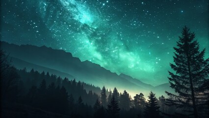 Teal Night Sky Over Silhouetted Forest, Landscape Photography, Milky Way, Stars, Mountains Night Photography, Forest Landscape