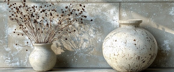 Canvas Print - Dried flowers in small vase with large speckled vase.