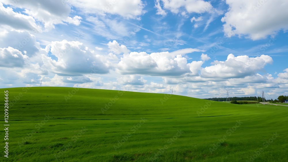 Lush green field under a bright blue sky with fluffy white clouds ...