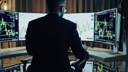 Aufkleber - Expert trader analyzes market trends using multiple screens and technical charts in a modern office setting