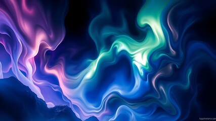 Wall Mural - abstract aurora borealis swirls: vibrant blue, green, and purple hues over dark mountains, digital a