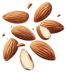 flying almond nuts isolated on transparent background