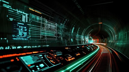 Train rail network engineering illustrated by virtual data panels used by engineers for smart transportation control