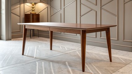 Mid-Century Modern Walnut Desk Geometric Composition, Light and Shadow, Minimalist Design. Woodworking, Interior Design