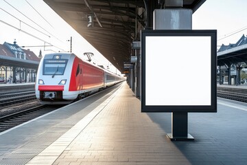 Canvas Print - a blank billboard with a white screen mockup at a train station, a modern high-speed electric locomotive standing nearby, in daylight. -