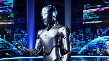 Poster - Futuristic robot stands in high-tech environment with digital displays during an interactive tech exhibition demonstration
