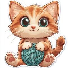  Cute cartoon cat playing with a ball of yarn.
