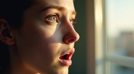 A close-up of a person's face, eyes wide open in awakening, with soft light streaming through the window, signifying clarity and the lifting of depression.