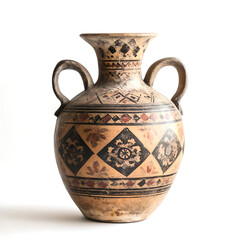 Wall Mural - archaeological antique clay amphora with ornament against blank background. Ancient vase, clay jug