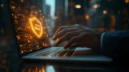 A businessman hand using a laptop computer with particles