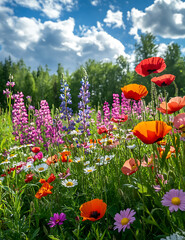 Wall Mural - vibrant garden filled with colorful wildflowers, including poppies, daisies, and lupines, under bright blue sky with fluffy clouds. scene evokes sense of joy and tranquility