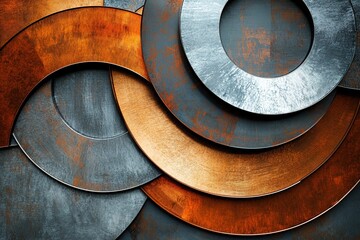 Wall Mural - Layered circular shapes made of steel, copper, and brushed aluminum create a textured and minimalist industrial background on a light canvas that allows space for text overlay