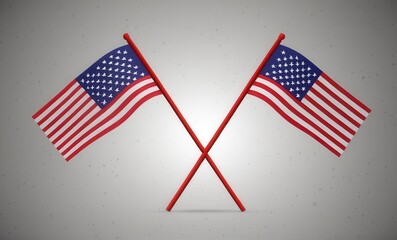  Two crossed US flags, red crossed poles, gray background...Concept: National pride, patriotic image, symbol of USA.