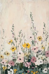 Wall Mural - Textured acrylic painting showcases wildflowers in soft shades of cream, blush, and sage green. The organic design features a light neutral background, ideal for stylish wall decor