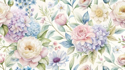  Elegant Watercolor Floral Pattern Featuring Pastel Roses, Hydrangeas, and Delicate Blooms in a Seamless Design for Textile, Wallpaper, or Wrapping Paper