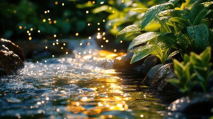 Wall Mural - A serene water stream flowing through lush green plants, glistening in the sunlight.