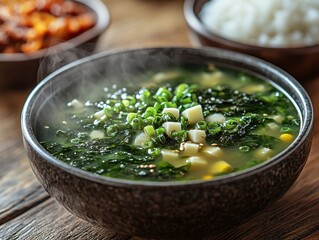 Wall Mural - Steaming bowl of green vegetable soup with tofu and corn garnished with chopped green onions in a rustic setting