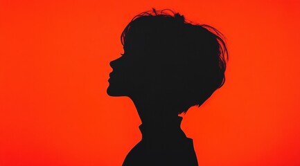 A minimalist black and red poster with a short-haired woman on an orange background.
