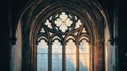 Sticker - An artistic arch window with gothic-style patterns in an old, majestic building