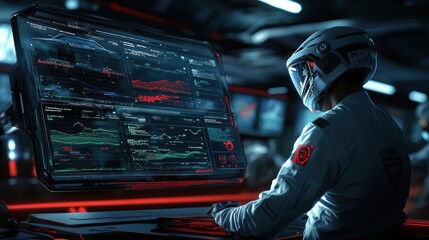 A space explorer in a high-tech control room monitors data on a glowing screen, showcasing advanced technology and a futuristic environment.