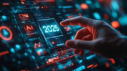 A businessman touches a virtual screen with a target 2025 text