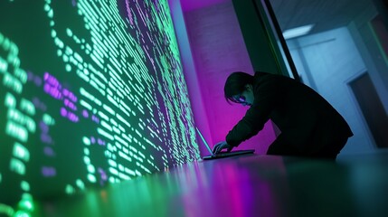 Person using a laptop with code projected on a wall in neon lighting a futuristic work