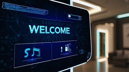 Poster - Innovative reception area showcasing modern design and interactive technology in a contemporary lobby space