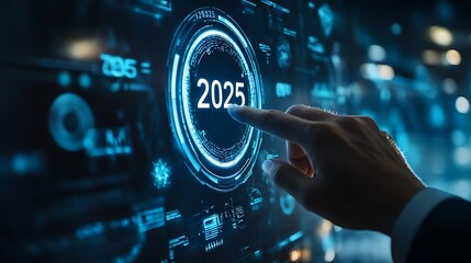 A businessman touches a virtual screen with a target 2025 text