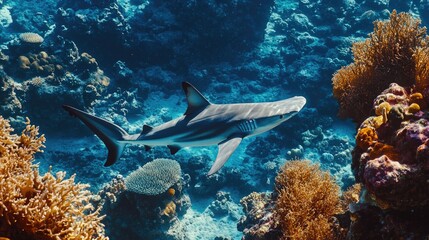 Sticker - Shark swimming over coral reef