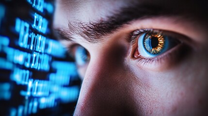 Close up view of a person's eye with a data stream screen reflection on their iris