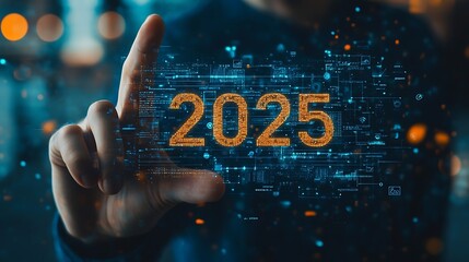 A businessman touches a virtual screen with a target 2025 text