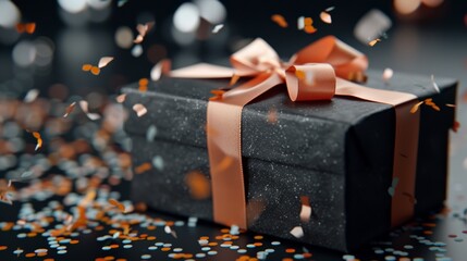 Wall Mural - Stylish black gift box with an orange ribbon and decorative stars, surrounded by festive bokeh lights.