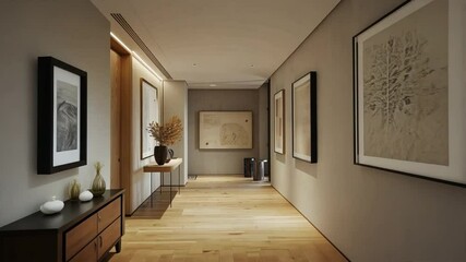 Aufkleber - Modern hallway design featuring minimalist decor, wooden flooring, and stunning artwork for serene interior atmosphere.