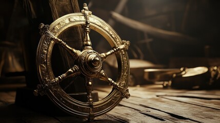 Ornate golden ship wheel on wooden deck, dark attic background, nautical history concept.